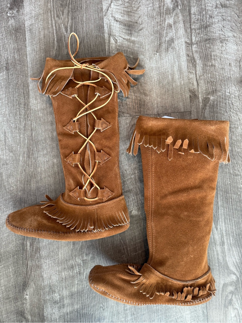 Vtg Taos Suede Fringed Knee High Moccasins Tan  Soft Sole New 12268 Sz 10